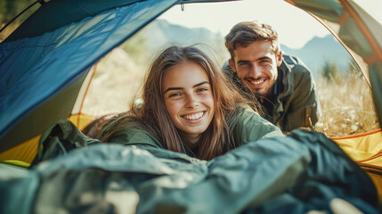 Happy campers enjoying the outdoors inside their tent during a sunny day in nature