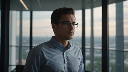 Thoughtful Young Man in Glasses Gazing Out of a Window with a Scenic Cityscape View in the Background