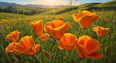 Orange Flower Field at Sunrise with Green Hills Landscape