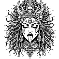 Obraz premium Intricate black and white surreal portrait of a mystical woman with skull and horned headdress in detailed line art style