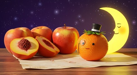 Fruit Still Life with Orange Gentleman and Moon Smiling Under Starry Sky