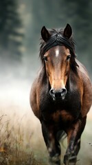 Obraz premium Majestic brown horse walking through misty forest during early morning light