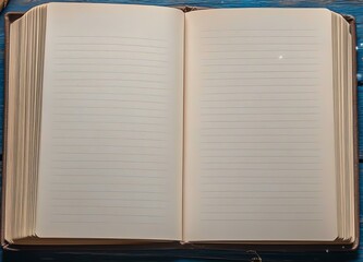 blank open lined journal on blue wooden table, with cream-colored pages ready for writing, reflecting stillness, creativity, and personal reflection