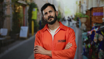 Hispanic man in an orange prison jumpsuit stands thoughtfully on a vibrant street, reflecting...
