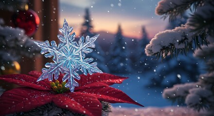 Snowflake Ornament Displayed on Red Poinsettia with Snowy Winter Scene