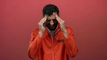 Hispanic man in orange prison jumpsuit stands against a red backdrop, looking stressed and holding...