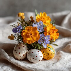 Obraz premium Floral Easter centerpiece dotted eggs rest on cloth