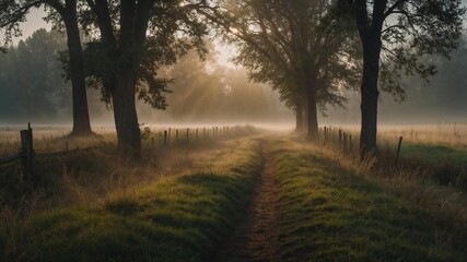 Misty Morning Landscape with a Lone Tree and a Winding Path in a Tranquil Countryside