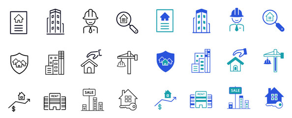 Real estate solid line vector icons set. Icons related to house, kitchen, bedroom, bathroom realty, property, mortgage, home loan. Vector illustration