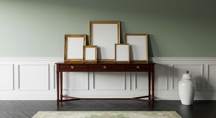Gallery of Five Gold Frame Mockups on a Console Table in a Classic Green and White Interior