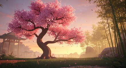 Blooming Cherry Tree in Garden at Sunset Springtime Scenery