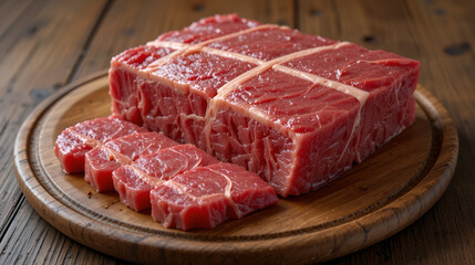 Raw Cross Cut Short Ribs beef on wooden plate, Beef Short Ribs (Sliced) on wooden background.