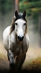 Majestic gray horse gallops through forest during late afternoon light in serene natural setting