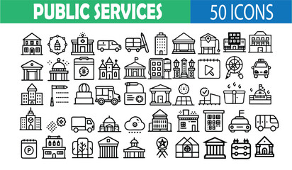 Fototapeta premium A comprehensive set of fifty black and white public services icons for various applications