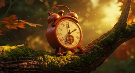 Clock on Mossy Branch in Forest, Telling Time in Nature