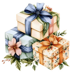 Colorful gift boxes with decorative ribbon and flowers decoration. Festive mothers day or birthday watercolor illustration composition isolated on transparent background. PNG, cutout.