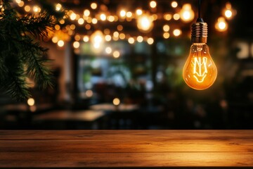 Fototapeta premium Warm Glowing Light Bulb Hanging Over a Wooden Table in an Inviting Garden Setting at Night.