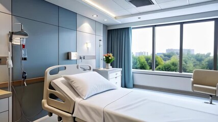 Modern hospital room showcasing an empty adjustable bed with white linens near a large window and medical equipment
