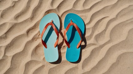 Vibrant Blue Flip Flops Resting on a Sandy Beach with a Warm Sunset Glow