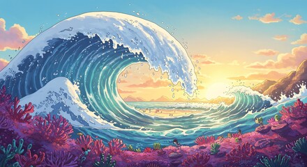 Ocean Wave Crashing on Beach at Sunset Cartoon Illustration