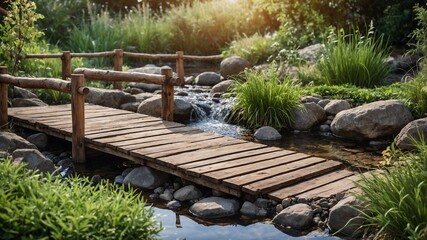 Serene Wooden Bridge Over a Tranquil Stream in a Lush Garden at Golden Hour
