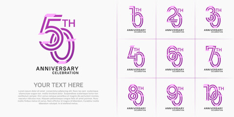 Anniversary set design with double line number. purple color with confetti for celebration event