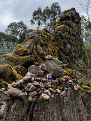 stone wall with sorrow stones and burden stones in the woods in portugal on the camino de Santiago,...