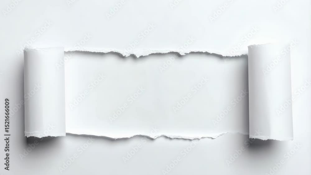 Poster white paper sheet partially torn to reveal a blank space with curled edges on a bright and clean bac