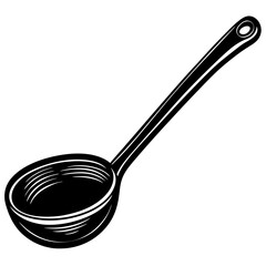 Black and white illustration of a classic long handled ladle kitchen utensil