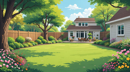 House backyard. Vector illustration of backyard with trees, bushes, green grass lawn, flowers and wood fence. Horizontal garden banner. Spring or summer landscape. Patio area for BBQ, birthday parties