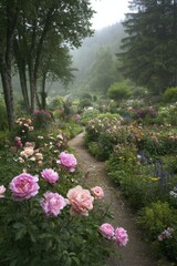 Flowers Bloom in a Misty Garden Path Surrounded by Lush Greenery and Colorful Blossoms