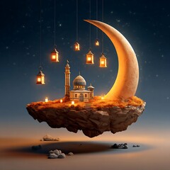 Floating Island Mosque with Crescent – Fantasy Eid Milad Celebration