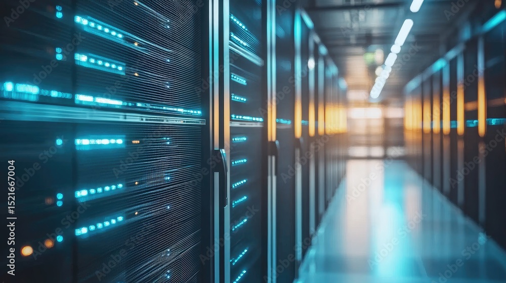 Fototapete Modern data center corridor with glowing server racks and soft reflections of blue and orange light, representing secure storage, cloud infrastructure, and advanced networking
