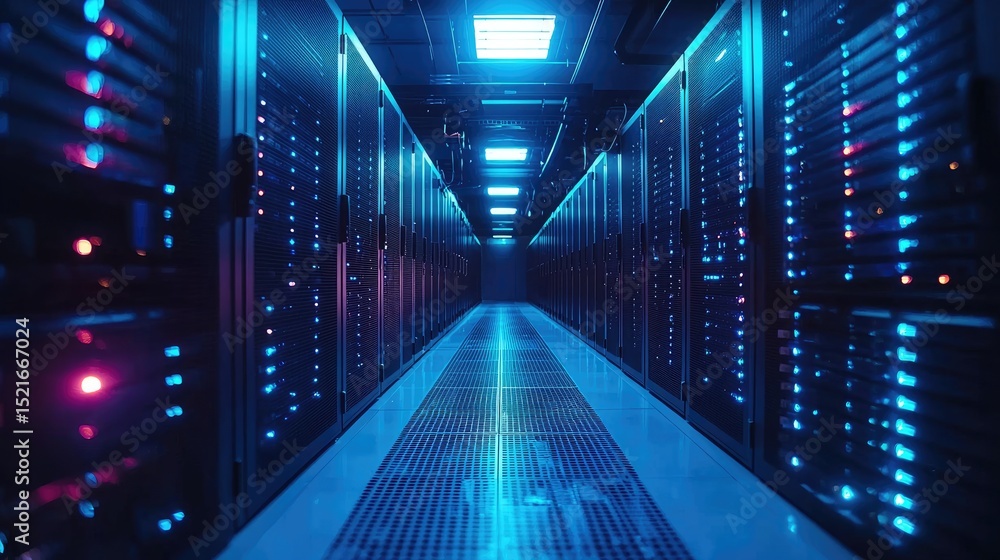 Fototapete High-tech data center with glowing server lights in a dim hallway, featuring reflections and structured racks representing cybersecurity, data flow, and cloud infrastructure