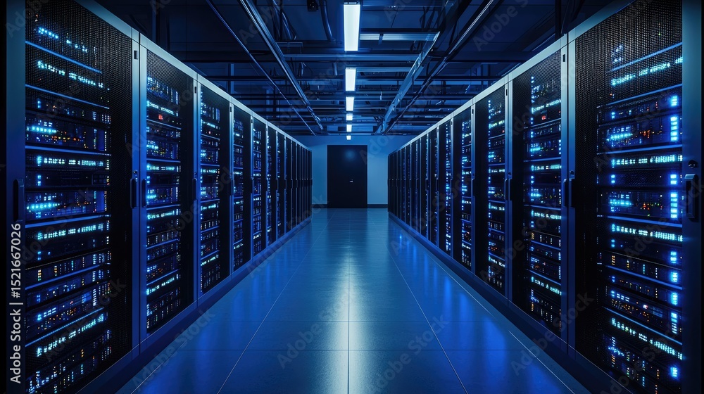 Leinwandbilder Bright and structured data center interior with organized server racks and glowing blue indicators, representing cloud computing, secure infrastructure, and modern networks