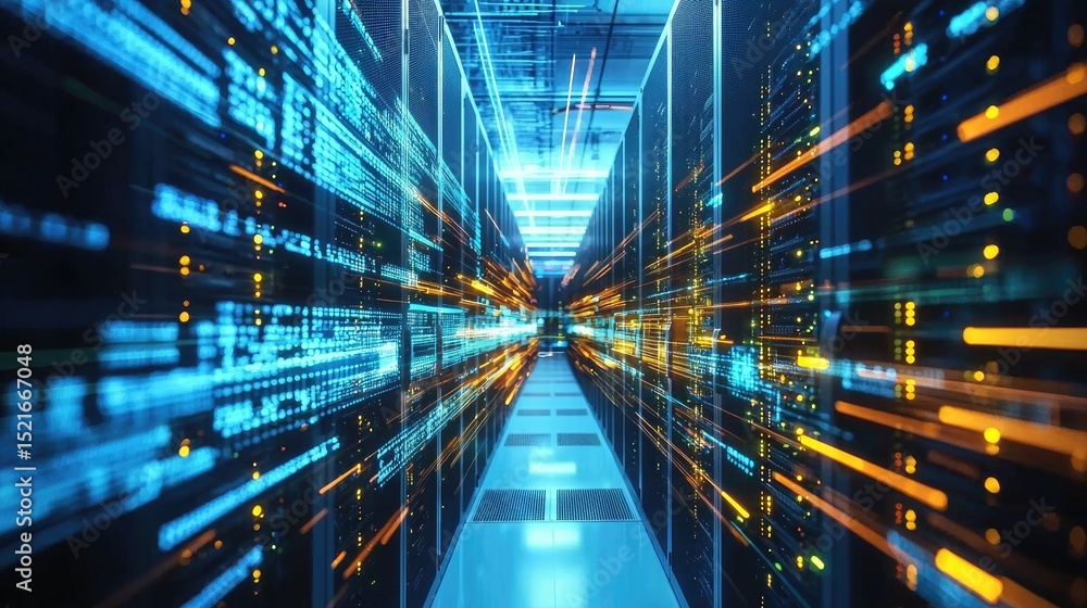 Fototapete Ultra-modern data center with illuminated servers and glowing light trails in blue and orange, representing fast digital communication, cloud computing, and secure networks