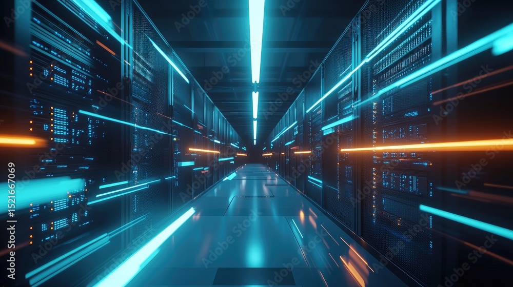 Aufkleber dynamic data center corridor with glowing servers and high-speed light trails in blue and orange, sy