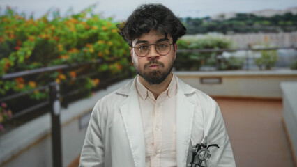 Young man in white coat with beard smiles outdoors on a sunny day featuring vibrant greenery and clear sky suggesting a positive mood.