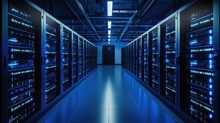 Fototapeta premium Bright and structured data center interior with organized server racks and glowing blue indicators, representing cloud computing, secure infrastructure, and modern networks