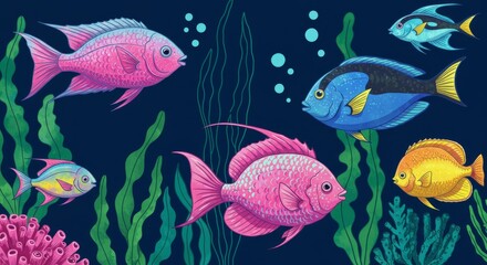 Naklejka premium Vibrant Reef Fish and Seaweed - An illustration of colorful fish swimming amidst vibrant seaweed, symbolizing underwater life, ocean beauty, marine biodiversity, tranquility, and aquatic ecosystems