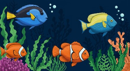 Fototapeta premium Vibrant Reef Fish and Seaweed - Ocean life, underwater scene, colorful fish, vibrant coral, aquatic plants. Symbolizing: serenity, biodiversity, beauty, harmony, life