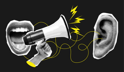 Female mouth screams in ear with  halftone effect,halftone megaphone in hand,trendy collage design