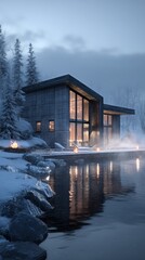 Fototapeta premium Modern Cabin Surrounded by Snow Near a Tranquil Lake During Twilight