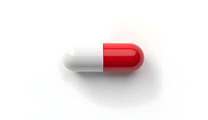 Realistic 3D rendering of a red and white capsule pill on a clean white background, representing medicine, pharmaceuticals, healthcare, treatment, and drug concepts in a minimal visual style