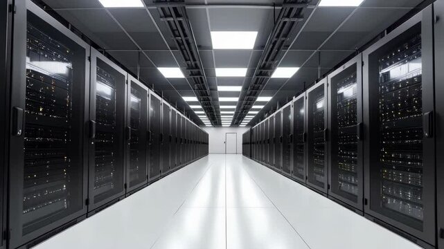 Modern server room interior featuring rows of data storage racks and a sleek, white tiled floor for technology infrastructure.