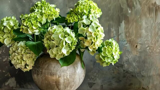 A stunning arrangement of vibrant green hydrangeas beautifully displayed in a wide stone vase, adding a touch of nature and elegance to any interior setting.