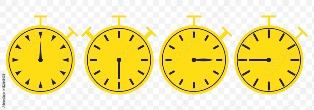 Aufkleber set of timer clock faces and stopwatch icons. the countdown timer displays hours and minutes. yellow