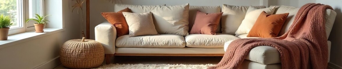 Cozy living room featuring plush throw pillows, a soft textured rug, and a knitted blanket draped over an armchair, creating a warm and inviting atmosphere , soft furnishings, comfortable, warm