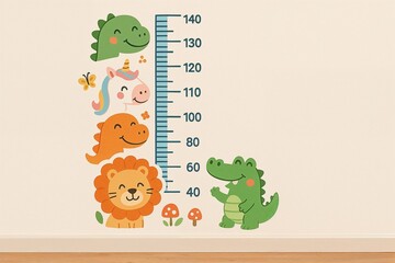 Colorful preschool height chart on wall with cute animal illustrations  