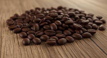 Fototapeta premium Aromatic Coffee Beans on Wood - Rich, dark roasted coffee beans scattered on a rustic wooden surface. Symbolizing energy, warmth, morning ritual, comfort, and rich flavor
